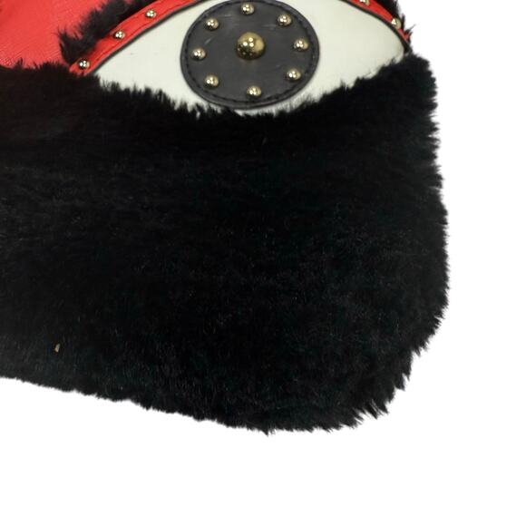 Vintage Sharif Red Black Eye Appliqué Crossbody Bag Faux Fur Leather 8x11 - Picture 9 of 9